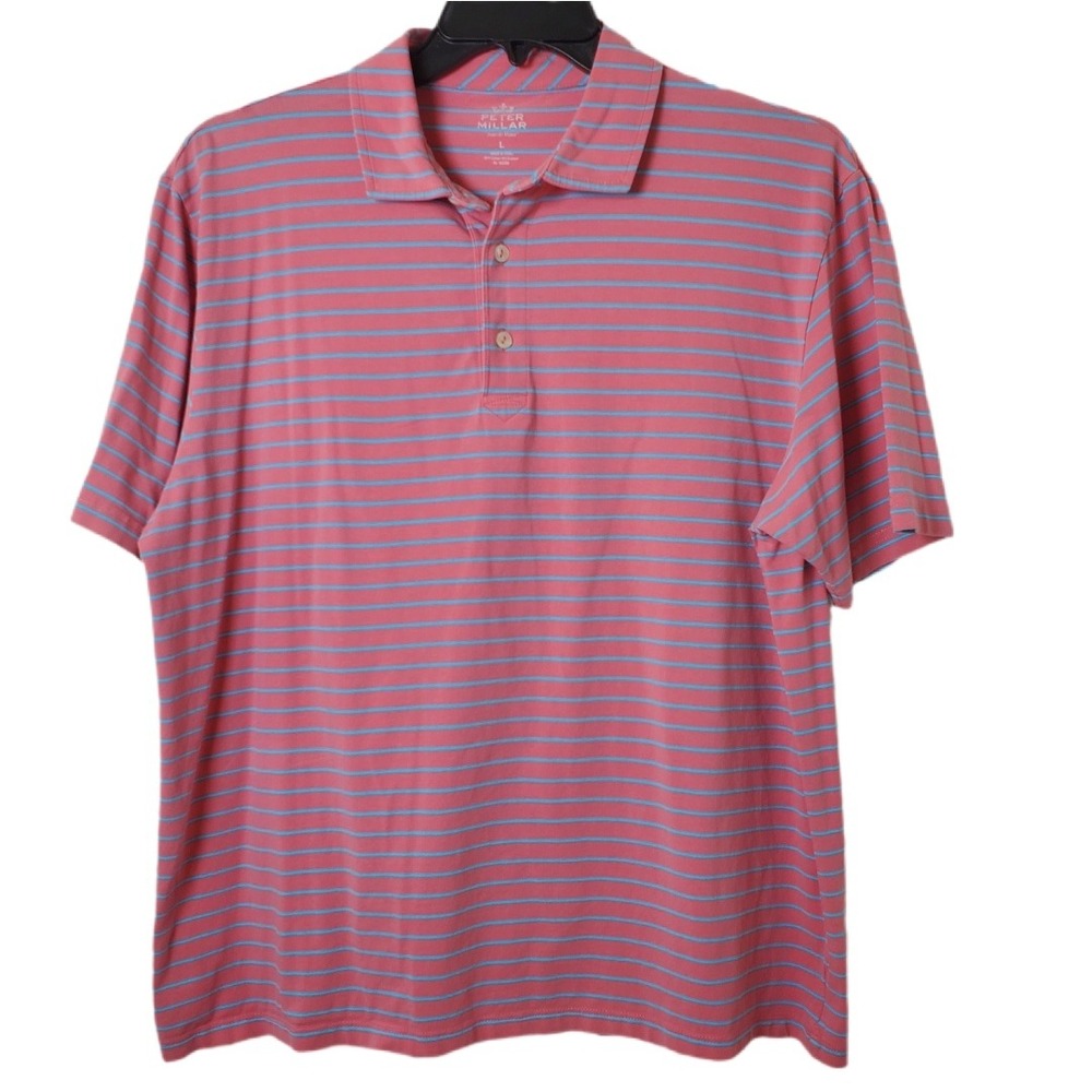 Peter Millar Coral & Blue Stripe Short Sleeve Performance Golf Polo Shirt Size L